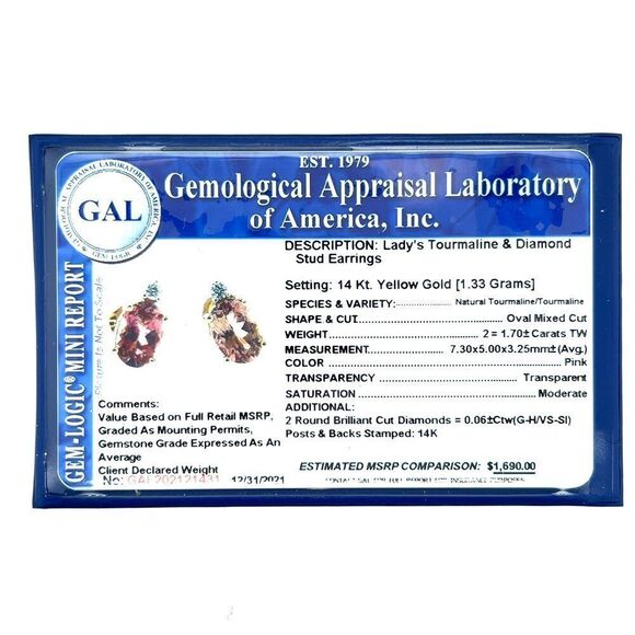 Natural Tourmaline Diamond Stud Earrings 14k Y Gold 1.76 TCW Certified $1,690 - Picture 7 of 7